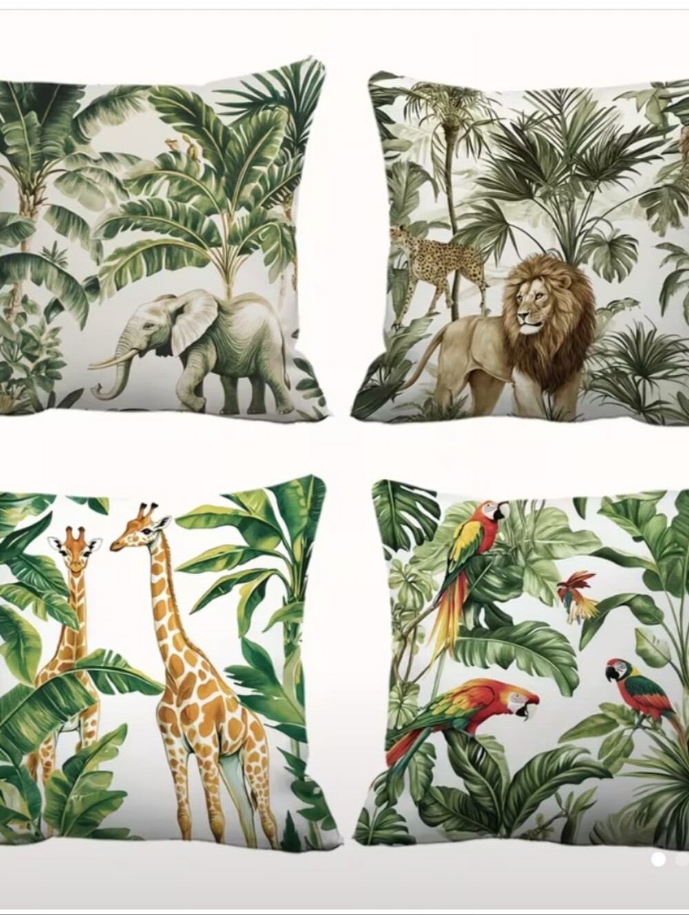 Tropical Safari Decorative Throw Pillow - Green Jungle Animals.        4 Pcs